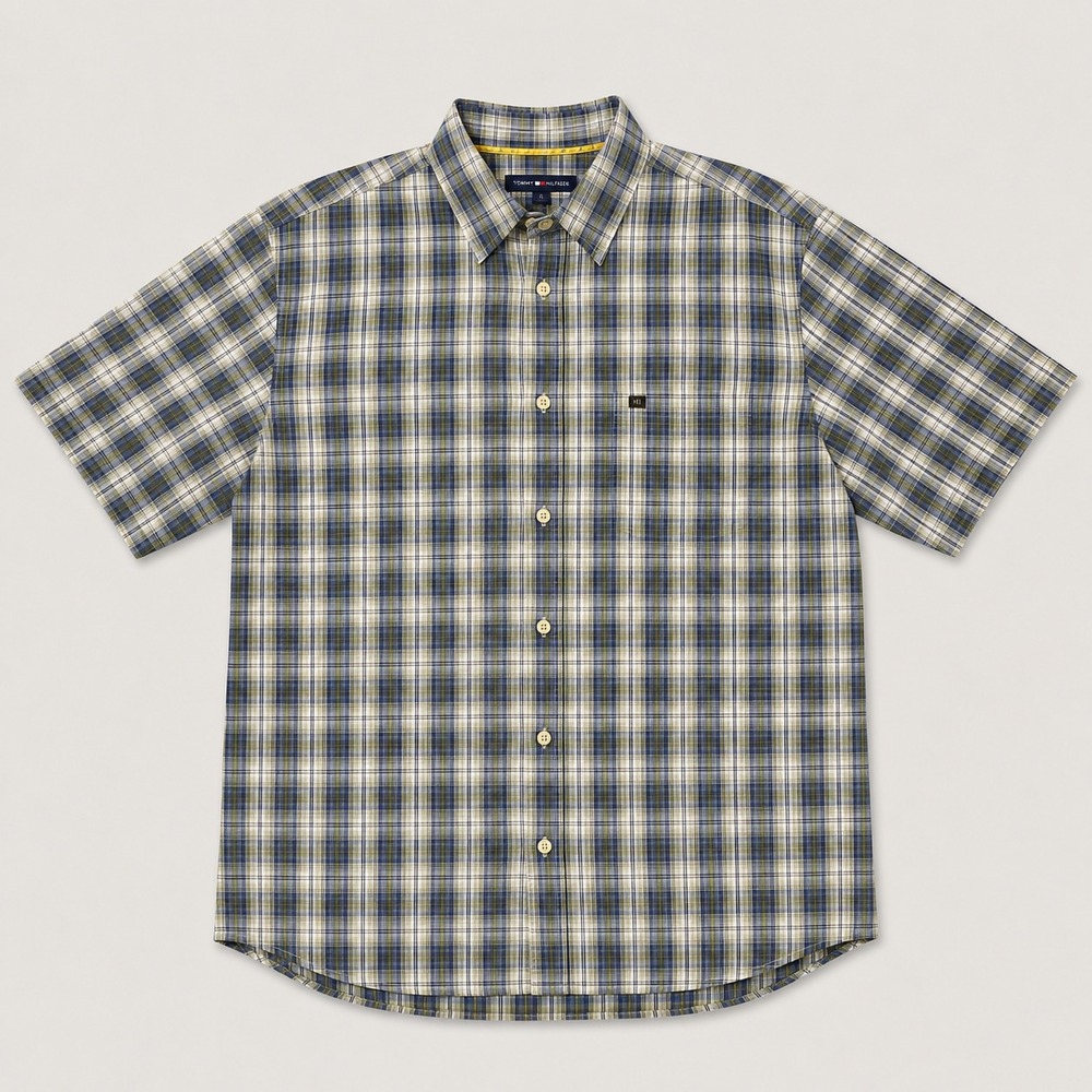 Nautica Jeans Co Mens L Blue Green Plaid Button Up Short Sleeve Cotton Shirt